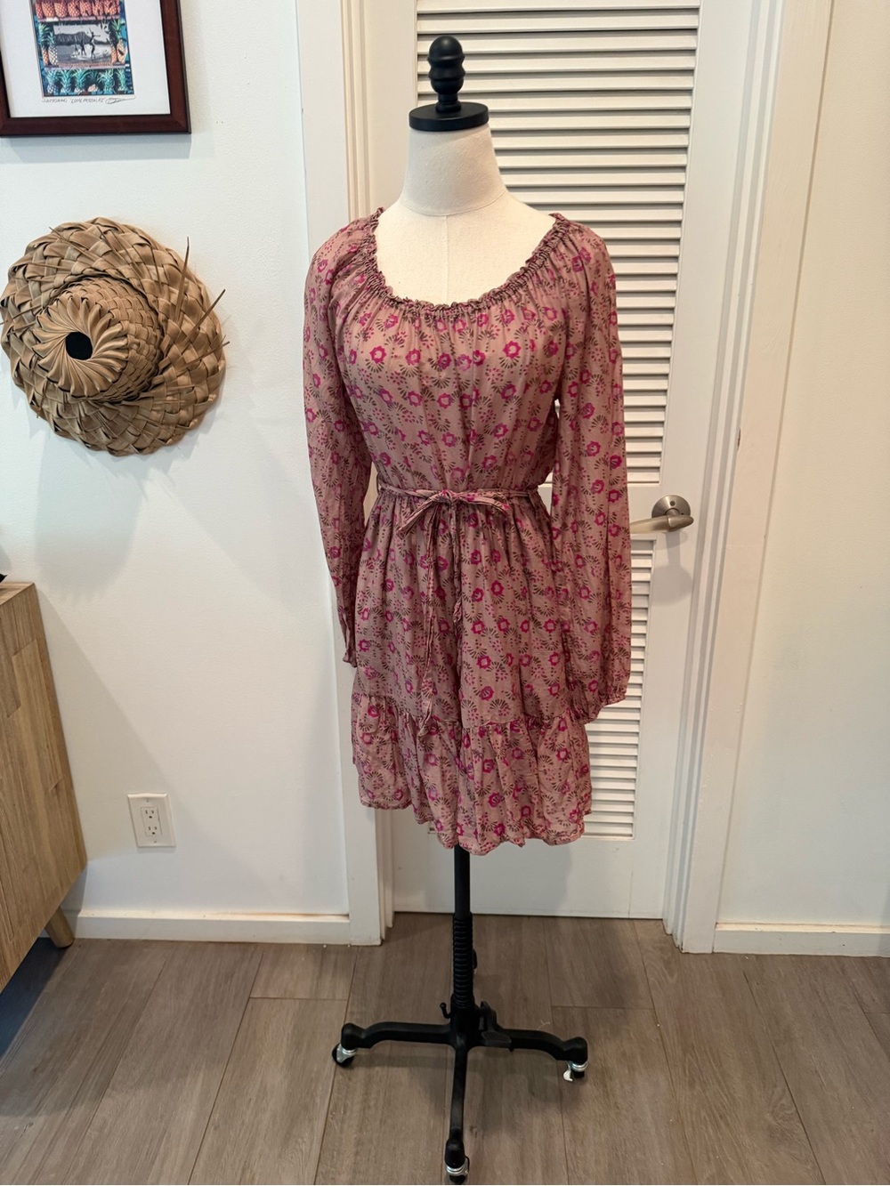 Boho Floral Pink Long-Sleeve Tiered Dress